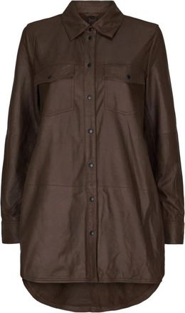 Notyz Oversized Leren Shirt Bruin Zwart Acc. - Dames - Overhemden - Bruin - S - Leer - Overhemden