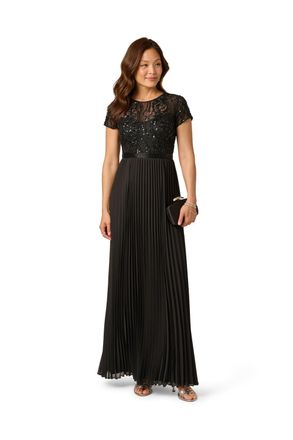 Adrianna Papell Womens Bead Pleat Long Dress - Black - Size 14 UK