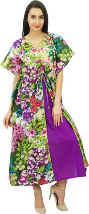 Bimba Exclusive Rayon Maxi Kaftan Chic Coverup Dress Drawstring Waist Night Wear Green and Purple
