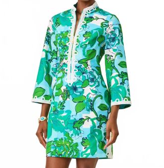 Lilly Pulitzer Shealyn 3/4 Sleeve Stretch Cotton Dress In Capri Blue Rousseaus Roses Overlay