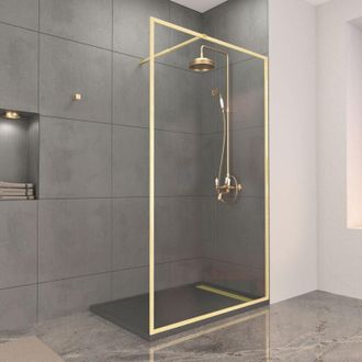 Aurlane Mampara De Ducha 120x200cm Acabado Oro Cepillado + Plato De Ducha Gris Efecto Piedra 120x90x4cm