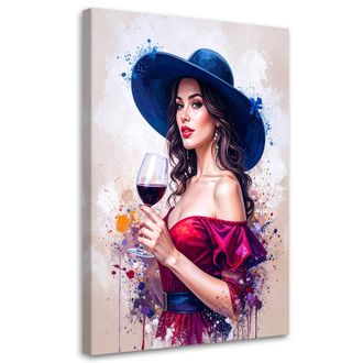 Feeby Cuadro En Lienzo Mujer Con Sombrero Y Copa De Vino 70x100