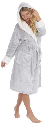 Forever Dreaming Ladies Shimmer Fleece Hooded Robe with Contrast Collar Grey Medium
