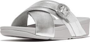 FitFlop Lulu Crystal Buckle Metallic Leather Slide Sandal in Silver at Nordstrom Rack, Size 11
