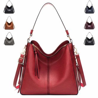 Generic Vintage PU Vegan Leather Handbags and Purse Sets for Women Fashion Tote Hobo Bags Shoulder Satchel Handbag Zip Wallet, A-red
