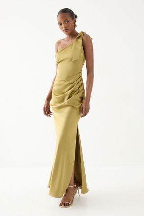 Misspap Womens Asymmetric Shoulder Bow Detail Bridesmaid Dress - Green - Size 14 UK