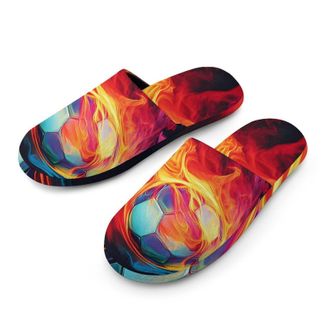 Generic Colorful Abstract Soccer Ball Mens Slippers Flannel Warm House Shoes with Rubber Anti-Slip Sole Slip On for Home Outdoor