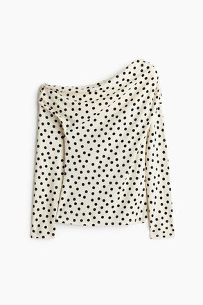 H&M Drapiertes One-Shoulder-Shirt - Weiss/Polka Dots
