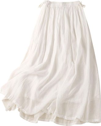 Generic Womens Cotton Linen Skirts Retro Vintage Flowy Long Skirt Elastic Waist Summer Maxi Skirts Casual Loose Beach Boho Vacation Skirt Ladies UK