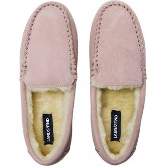 Lands End Fuzzy Lined Suede Moccasin Slippers in Print Frost Suede at Nordstrom, Size 10