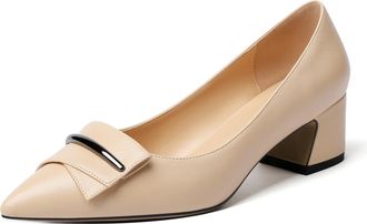 EDEFS Women Pointed Toe Block Heel Pumps Slip on Low Heels Pointed Toe Court Shoes Classic Buckle Design 2 Block Heeled Shoes Matte Beige UK2