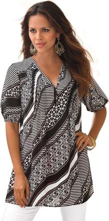 Roaman's Printed Y Neck Georgette Top in White Mixed Geo at Nordstrom, Size 30