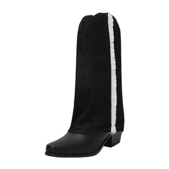 Generic Womens Western Mid Calf Boots Square Toe High Block Heel Slip On Design With A Stylish Color Block Pattern