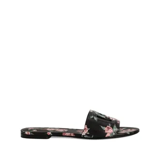 Dolce & Gabbana Sliders, female, Black, Size: 8 1/2 US Calfskin Flat Slippers with Rose Print