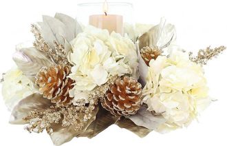 Creative Displays Inc. Handmade Holiday Candleholder With Hydrangeas, Magnolia Leaves & Pinecones