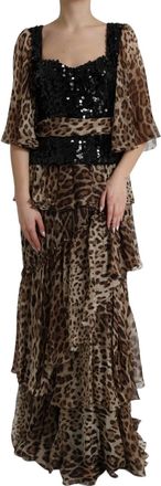 Dolce & Gabbana Leopard Print Silk Sequin Ruffle Maxi Womens Dress