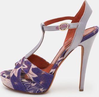 Missoni Grey/purple Knit Fabric And Leather T-Strap Platform Sandals