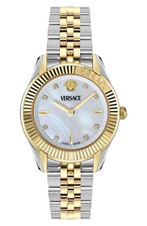 Versace Greca Time Diamond Bracelet Watch, 30mm in White/Two Tone at Nordstrom