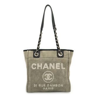 Chanel Black Gray Canvas Leather Shoulder Bag Tote Bag (Pre-Owned)