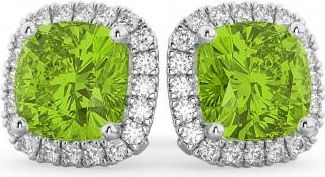 Allurez Halo Cushion Peridot & Diamond Earrings 14k White Gold (4.04ct)