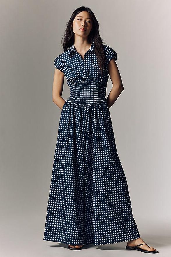 Gingham Basque-Waist Jumpsuit