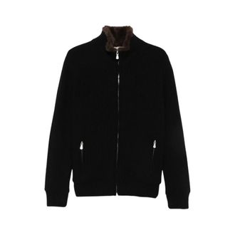 Barba Ribbed-Knit Faux-Fur-Trim Jacket - Heren - Bomber jackets - Zwart - 2XL - Jassen