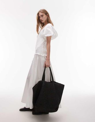 Topshop Vestito midi con maniche a sbuffo e scollo squadrato arricciato bianco