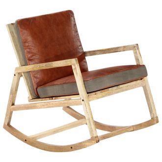 vidaXL Silla Mecedora De Cuero Aut&eacute;ntico Y Madera Mango Maciza Marr&oacute;n Vidaxl