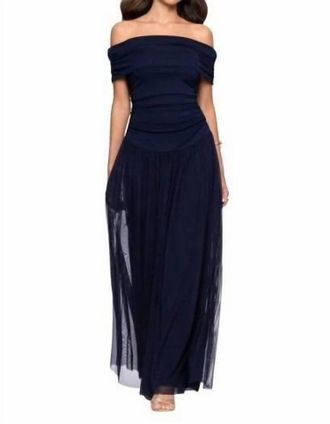 Betsy & Adam Strapless Ruched Bodice Mesh Overlay Floor Length Dress In Navy