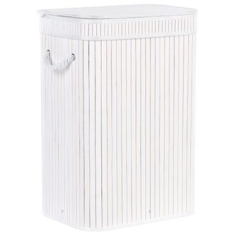 Beliani Cesta De Madera De Bamb&uacute; Blanca 60 Cm Poli&eacute;ster Multifuncional Tapa Asas Kalutara