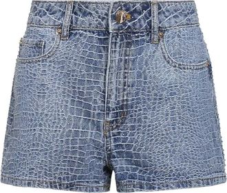 Self Portrait Rhinestone Croc Effect Denim Shorts - Dames - Denim shorts - Blauw - W25 - Denim - Korte Broeken