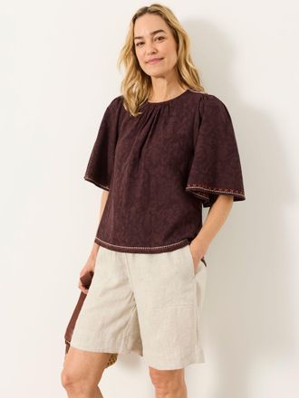 Fat Face FatFace Faye Chocolate Brown Flutter Sleeve Top