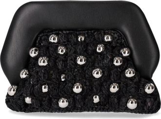 Themoir&egrave; Stro Kralen Clutch Tas met Maxi Parels - Dames - Clutches - Zwart - ONE Size - Leer - Tassen