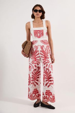 Karen Millen Womens Cutwork Embroidered Wide Leg Woven Jumpsuit - Red - Size 14 UK