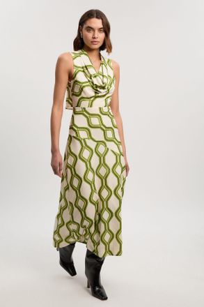 Karen Millen Womens Geo Print Cowl Neck Sleeveless Crepe Woven Maxi Dress - White - Size 10 UK