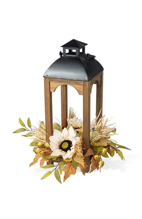 Glitzhome Fall Neutral Sunflower Pumpkin and Leaf Wood Lantern Centerpiece in White at Nordstrom, Size Medium