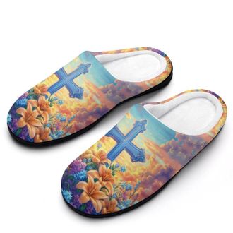 Generic Crosss Flower Womens Slippers Warm House Slippers Indoor House Shoes with Anti-Skid Rubber Sole