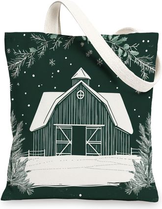 Generic Winter Vintage Farmhouse Christmas Canvas Tote Bag for Shopping 13x15, Retro Country Barn Xmas Reusable Grocery Print Bag for Women, Farm Holiday Beac