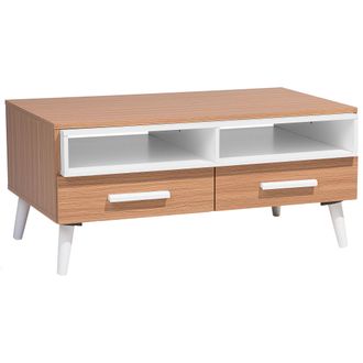 Beliani Mesa De Centro De Madera Clara Y Blanca Con Estantes Gris 2 Cajones 100 X 60 Cm Estilo Escandinavo Alloa