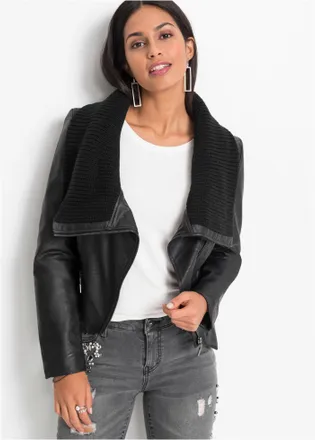 Bonprix Lederimitatjacke BONPRIX, Damen, Gr. 42, schwarz, Web, Obermaterial: 100% Polyester. Kragen: 100% Polyacryl, unifarben, tailliert h&uuml;ftlang, Rundhals, 