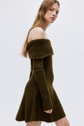 H&M Rib-knit Off-the-shoulder Dress in Dark Khaki Green at Nordstrom, Size Xx-Small