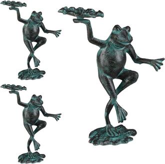 Relaxdays Set of 3 Relaxdays Garden Frog Figurines, Weatherproof, In- & Outdoor Toad, For Balcony, Pond, Cast Iron, Size m, Green