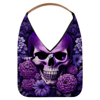 Generic Purple Skull Flower Reusable Lightweight Grocery Bags - Foldable Into Compact Pouch, Washable & Sturdy, Multipurpose for Shopping and Travel
