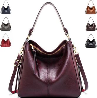 Generic Vintage PU Vegan Leather Handbags and Purse Sets for Women Fashion Tote Hobo Bags Shoulder Satchel Handbag Zip Wallet, A-purplish Red