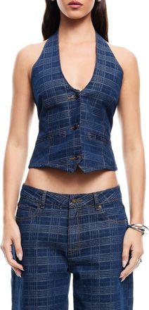 Lioness Renewal Crop Denim Halter Top in Indigo Plaid at Nordstrom, Size X-Large