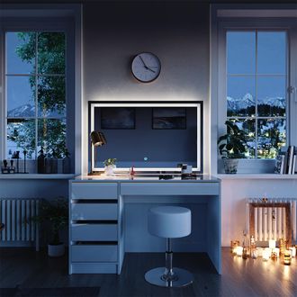 Vicco Tocador Sherry, Blanco/oro, 120 Cm Con Espejo Led Y Taburete