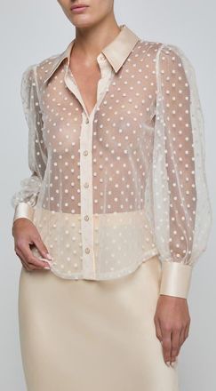L'agence Sophie Swiss Dot Sheer Mesh Button-Up Shirt in Ecru at Nordstrom, Size Large