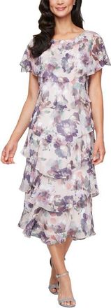 S.L. Fashions Metallic Floral Tiered Ruffle Cocktail Dress in Blush Multi at Nordstrom, Size 14P