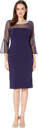 Alex Evenings Short Shift Dress with Beaded Illusion Neckline and Bell Sleeves Womens Dress Navy : 12, Polyester/Spandex