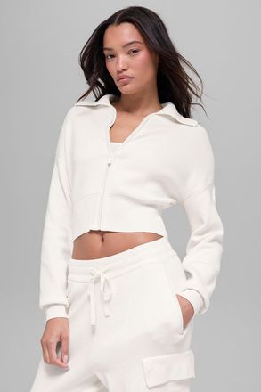 Alo | Scholar Knit Cropped Full Zip Jacket in Ivory, Size: Medium